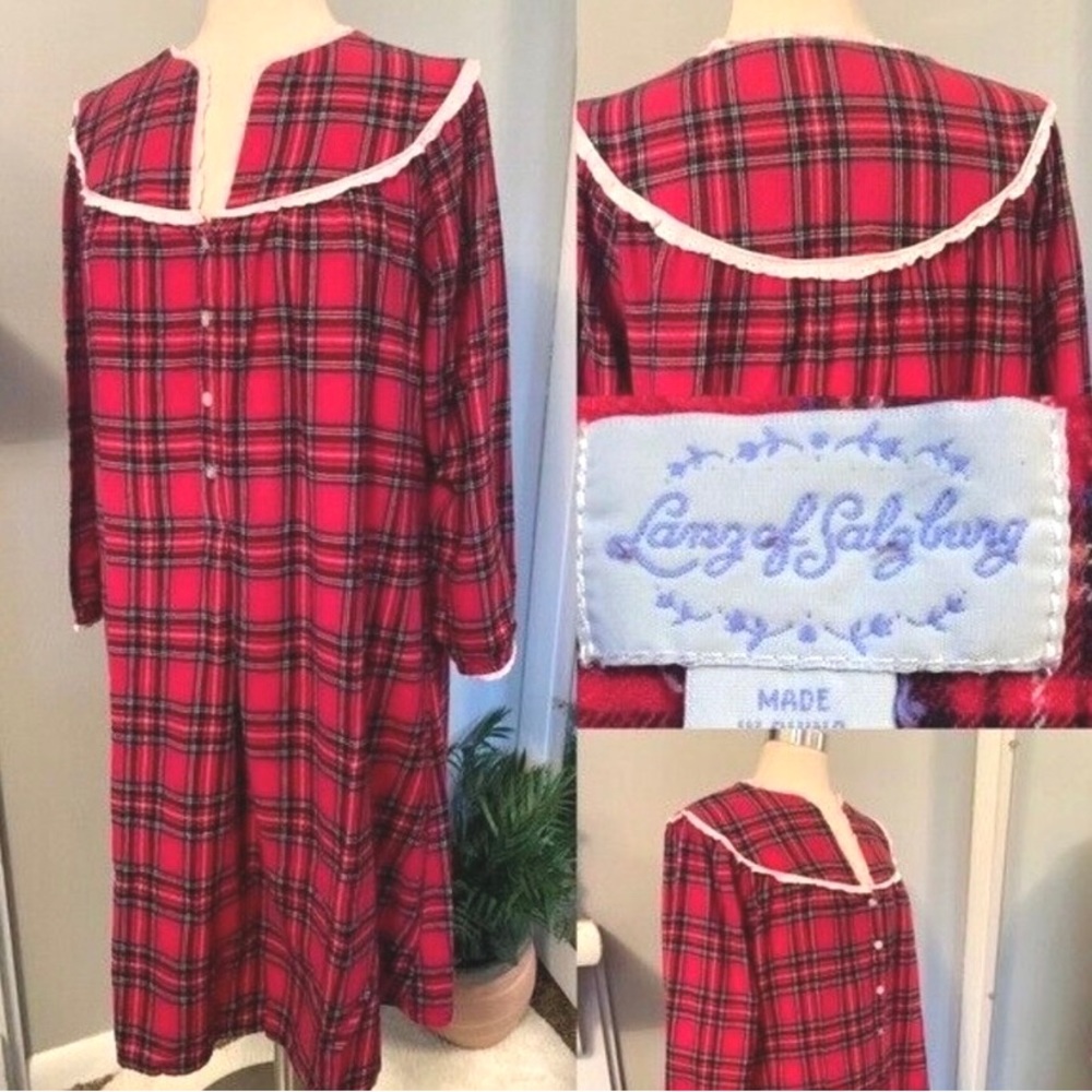 Vintage CottageCore Burgundy Plaid 
Nightgown Size Large Lanz of Salzburg